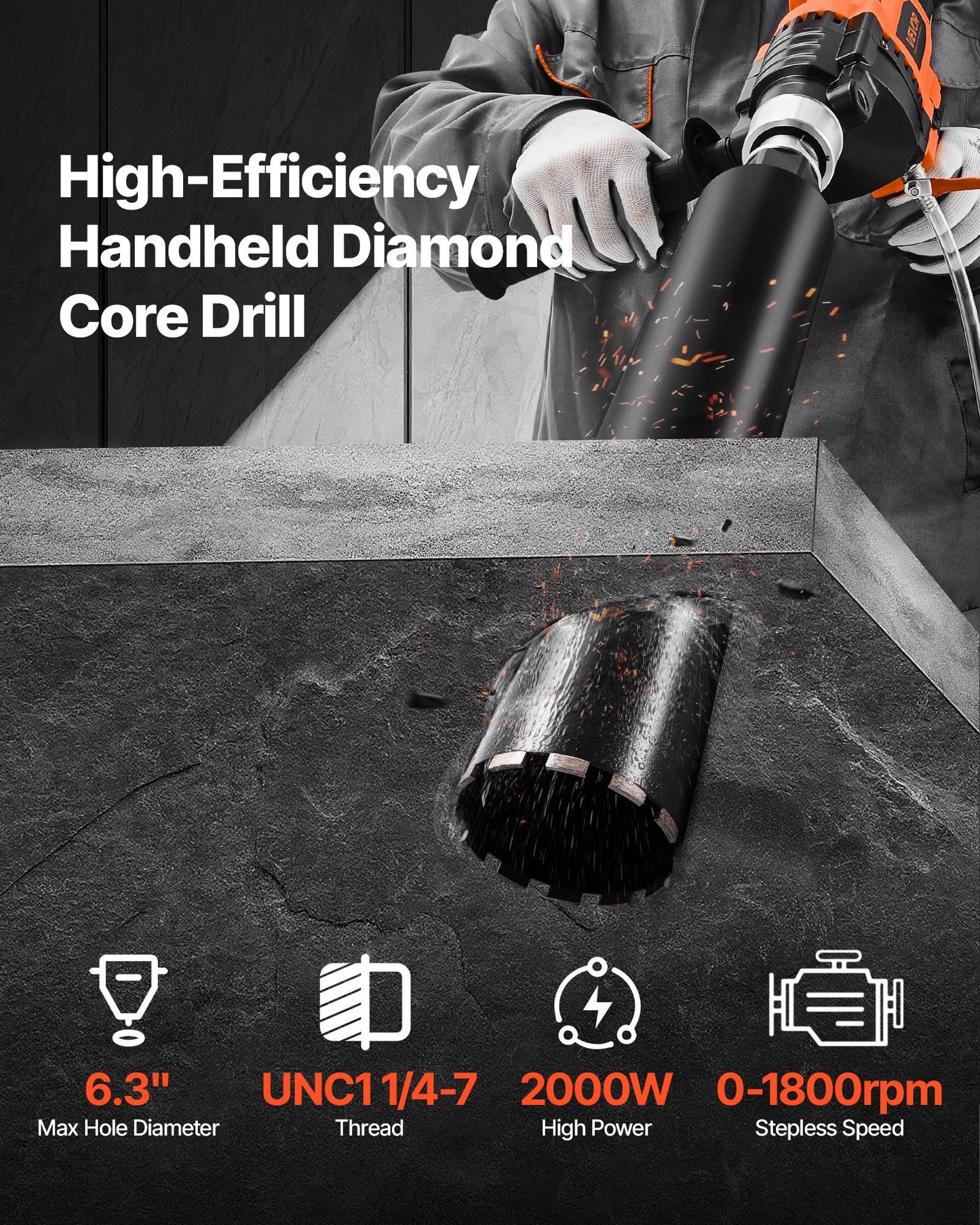 Diamond Core Drilling Machine, 0.8-6.3 in Drilling Diameter, Handheld Dry and Wet Concrete Core Drill Rig with 4 Drill Bits, 0-1800RPM Variable Speed, UNC1 1/4-7, for Concrete Brick Stone, 2000W