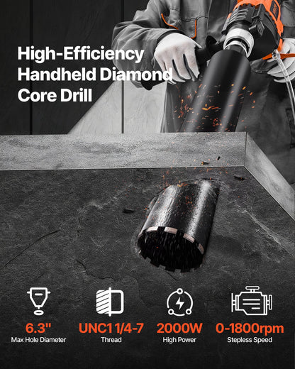 Diamond Core Drilling Machine, 0.8-6.3 in Drilling Diameter, Handheld Dry and Wet Concrete Core Drill Rig with 4 Drill Bits, 0-1800RPM Variable Speed, UNC1 1/4-7, for Concrete Brick Stone, 2000W