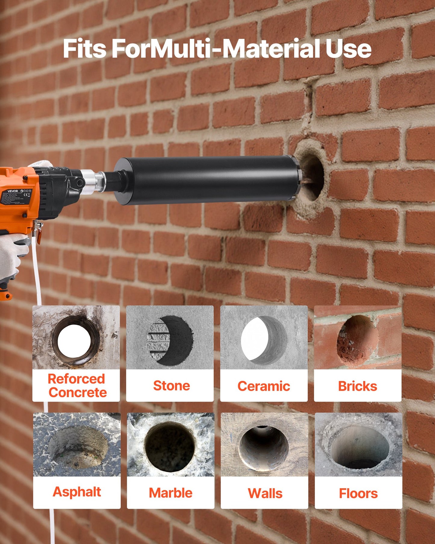 Diamond Core Drilling Machine, 0.8-6.3 in Drilling Diameter, Handheld Dry and Wet Concrete Core Drill Rig with 4 Drill Bits, 0-1800RPM Variable Speed, UNC1 1/4-7, for Concrete Brick Stone, 2000W