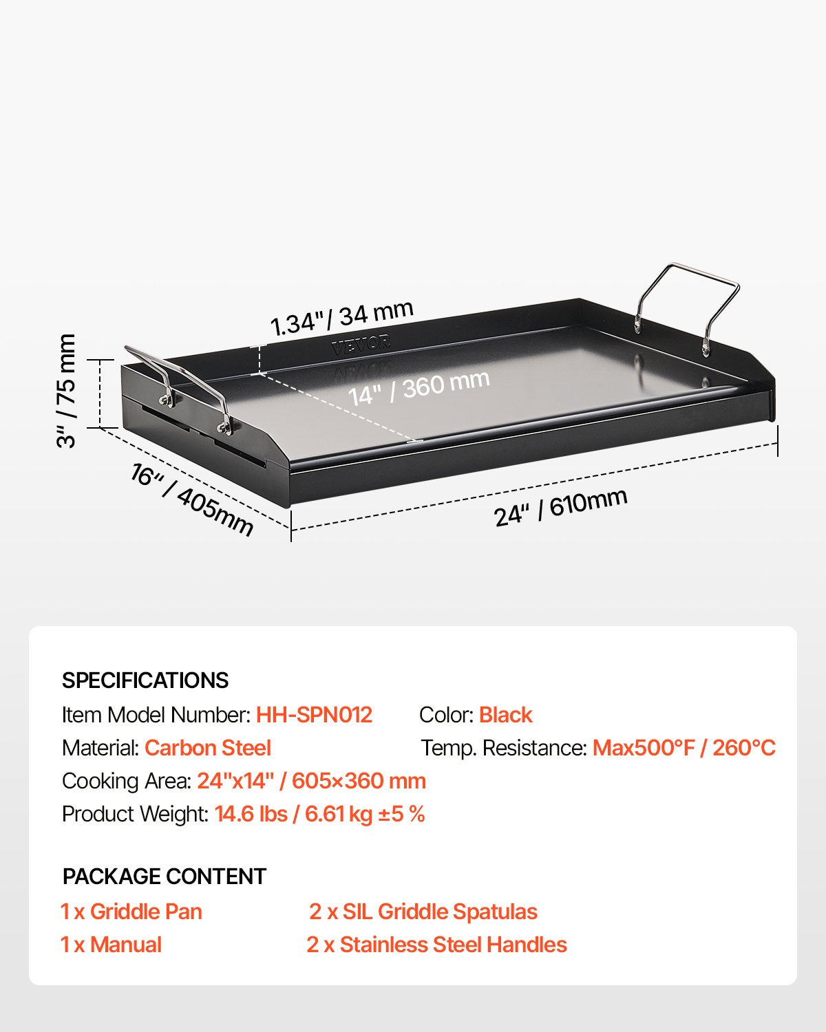 Carbon Steel Griddle, 24x16 inch Universal Flat Top Rectangular Plate, Gas Grill Griddle for BBQ Grill, Teppanyaki, Portable Family Cookware with Handle, for Camping Tailgating Party