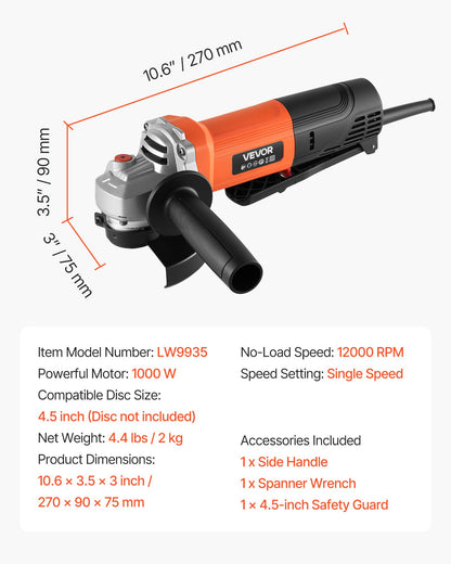 Angle Grinder, 4-1/2" Electric Grinder Power Tool, 8Amps 12000RPM High-Speed Corded Angle Grinders with 230° Adjustable Dust Guard for Metal Grinding, Cutting, Rust Removal (Disc Not Included)