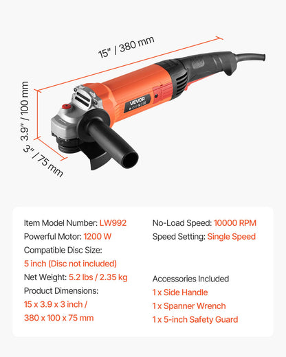 Angle Grinder, 5" Electric Grinder Power Tool, 10Amps 10000RPM High-Speed Corded Angle Grinders with 230° Adjustable Dust Guard for Metal Grinding, Cutting, Rust Removal (Disc Not Included)
