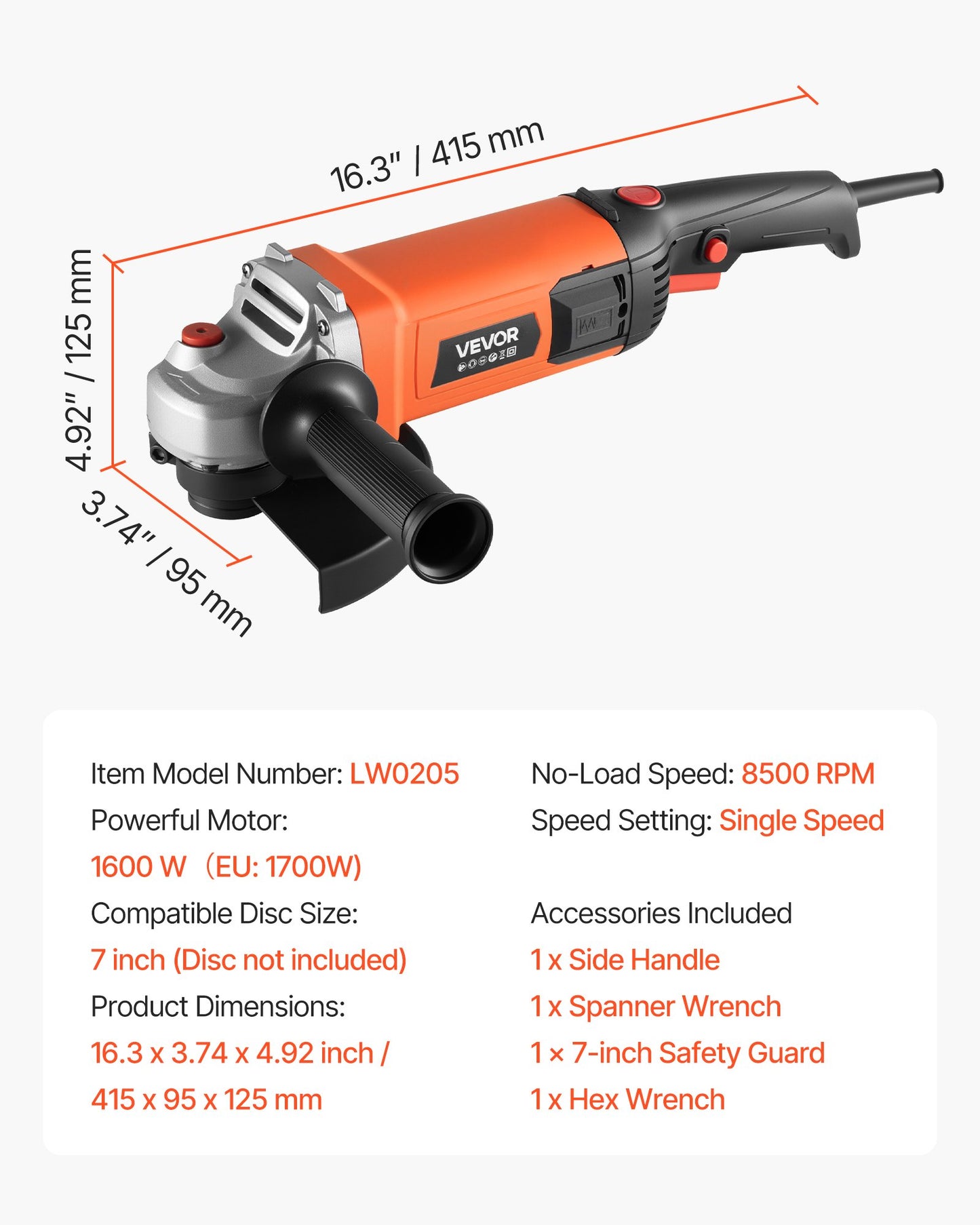 Angle Grinder, 7" Electric Grinder Power Tool, 13Amps 8500RPM High-Speed Corded Angle Grinders with 270° Adjustable Dust Guard for Metal Grinding, Cutting, Rust Removal (Disc Not Included)
