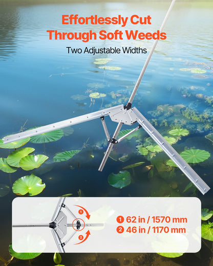 Lake Weed Cutter, Pond Aquatic Plant Cutting Tool with 62 in Max. Cut Width, Sharp and Heavy-Duty Steel Blades, Pond Rake with 30 ft Throw Rope, for Cattail, Phragmites, Lilly Pads & Chara