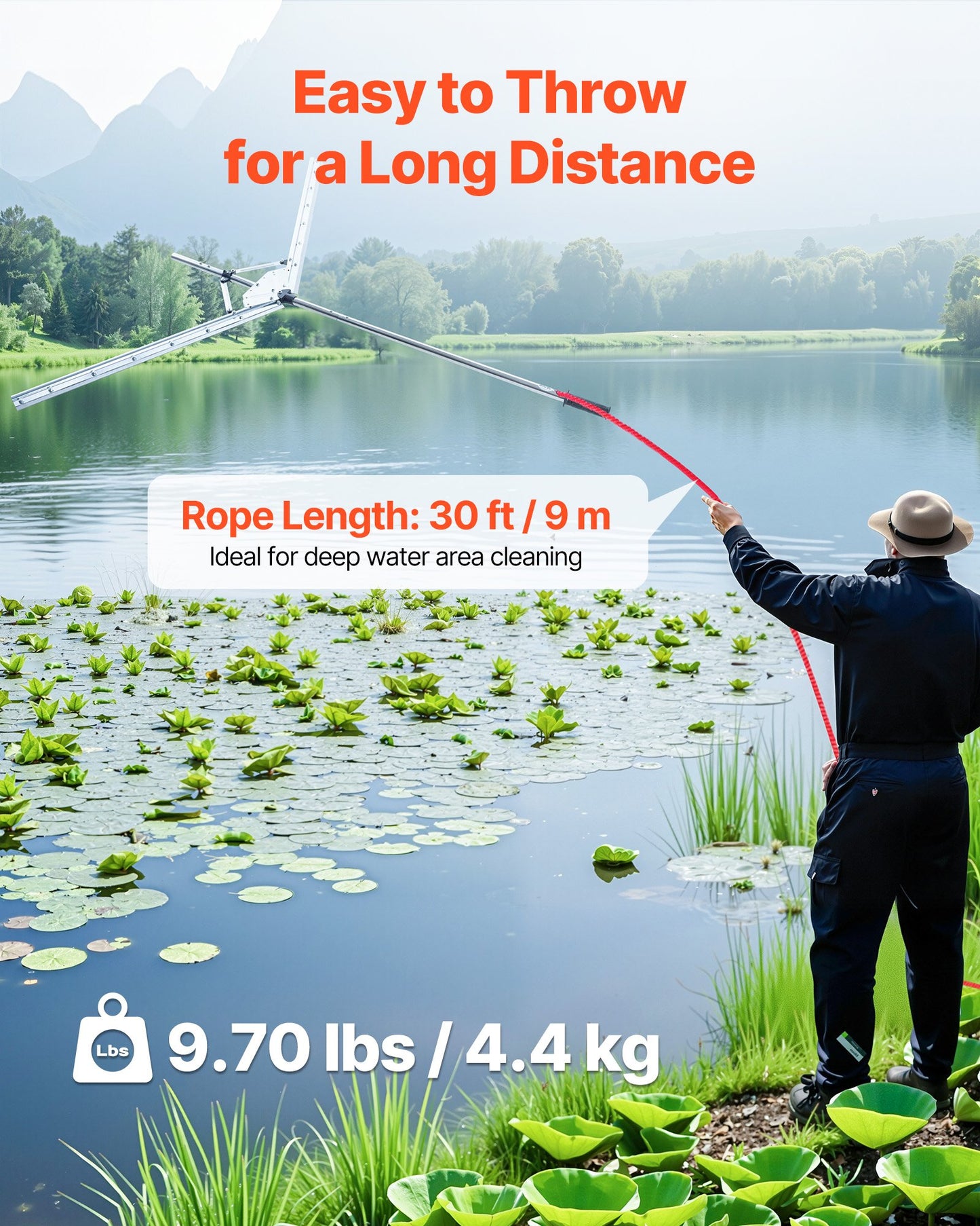 Lake Weed Cutter, Pond Aquatic Plant Cutting Tool with 62 in Max. Cut Width, Sharp and Heavy-Duty Steel Blades, Pond Rake with 30 ft Throw Rope, for Cattail, Phragmites, Lilly Pads & Chara