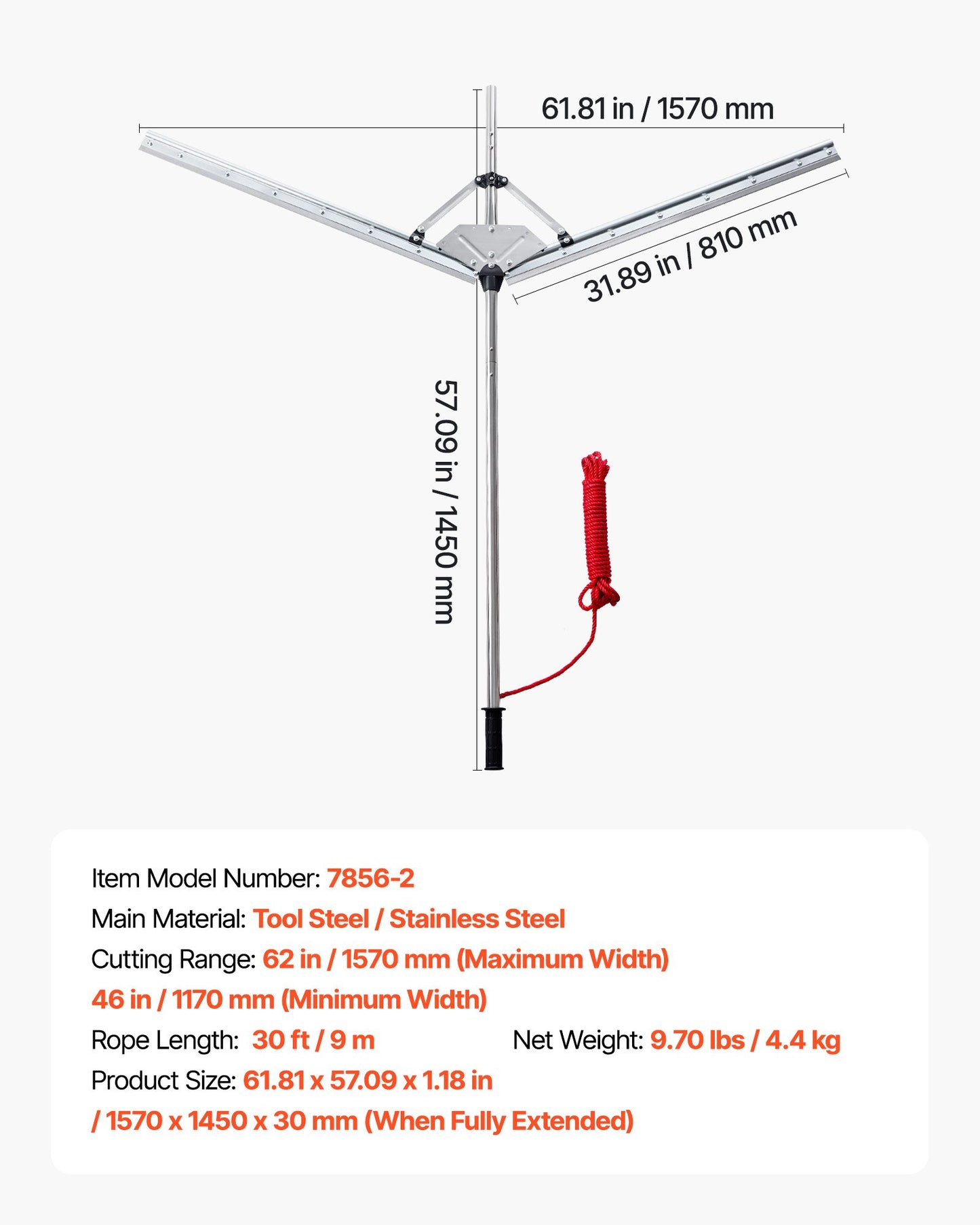 Lake Weed Cutter, Pond Aquatic Plant Cutting Tool with 62 in Max. Cut Width, Sharp and Heavy-Duty Steel Blades, Pond Rake with 30 ft Throw Rope, for Cattail, Phragmites, Lilly Pads & Chara