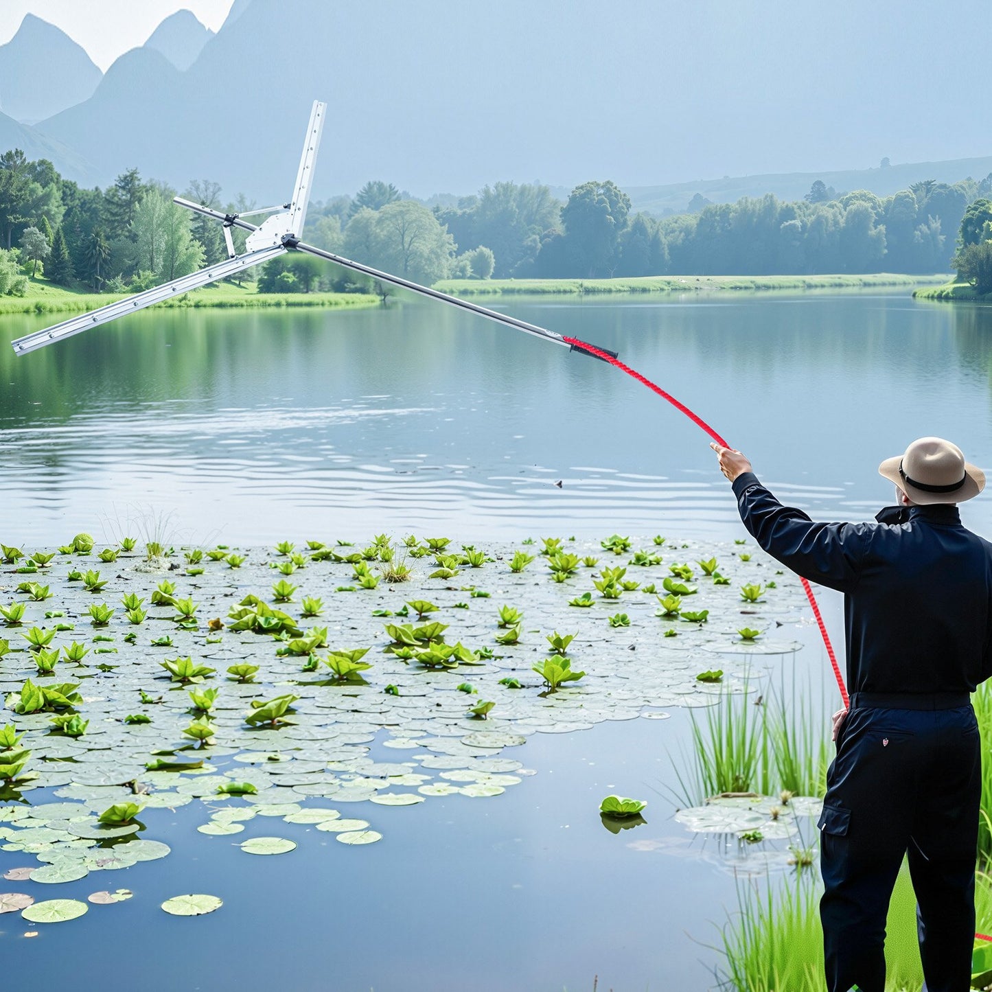 Lake Weed Cutter, Pond Aquatic Plant Cutting Tool with 62 in Max. Cut Width, Sharp and Heavy-Duty Steel Blades, Pond Rake with 30 ft Throw Rope, for Cattail, Phragmites, Lilly Pads & Chara
