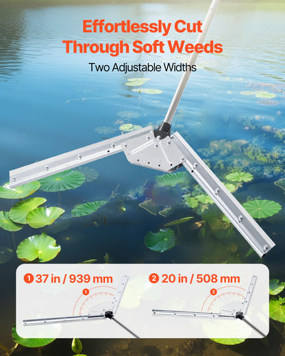 Lake Weed Cutter, Pond Aquatic Plant Cutting Tool with 37 in Max. Cut Width, Sharp and Heavy-Duty Steel Blades, Pond Rake with 30 ft Throw Rope, for Cattail, Phragmites, Lilly Pads & Chara
