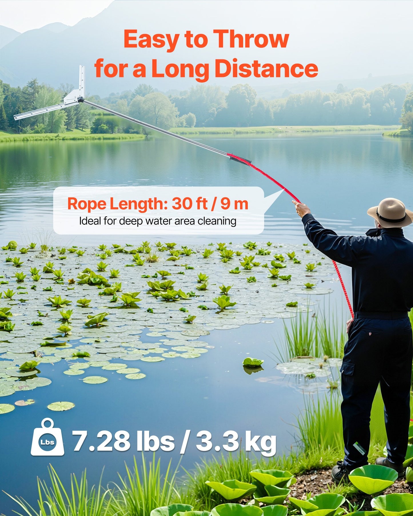 Lake Weed Cutter, Pond Aquatic Plant Cutting Tool with 37 in Max. Cut Width, Sharp and Heavy-Duty Steel Blades, Pond Rake with 30 ft Throw Rope, for Cattail, Phragmites, Lilly Pads & Chara