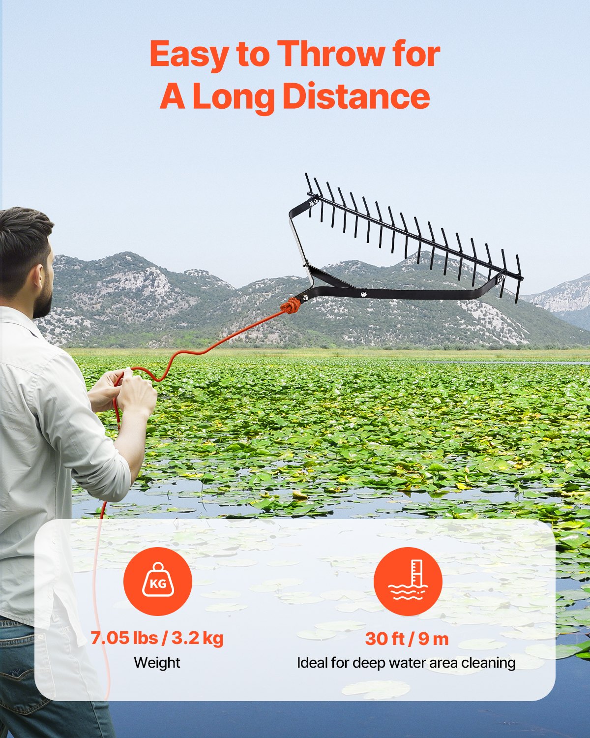 32 in Aquatic Weed Rake, 6.3 in Double Sided Lake Weed Rake, Lightweight Pond Weeds Cutter with 30ft Rope, No Assembly Required, Muck Lilypad Clearing Tool for Pond, Lake, Rivulet
