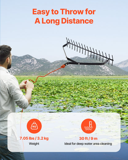 32 in Aquatic Weed Rake, 6.3 in Double Sided Lake Weed Rake, Lightweight Pond Weeds Cutter with 30ft Rope, No Assembly Required, Muck Lilypad Clearing Tool for Pond, Lake, Rivulet