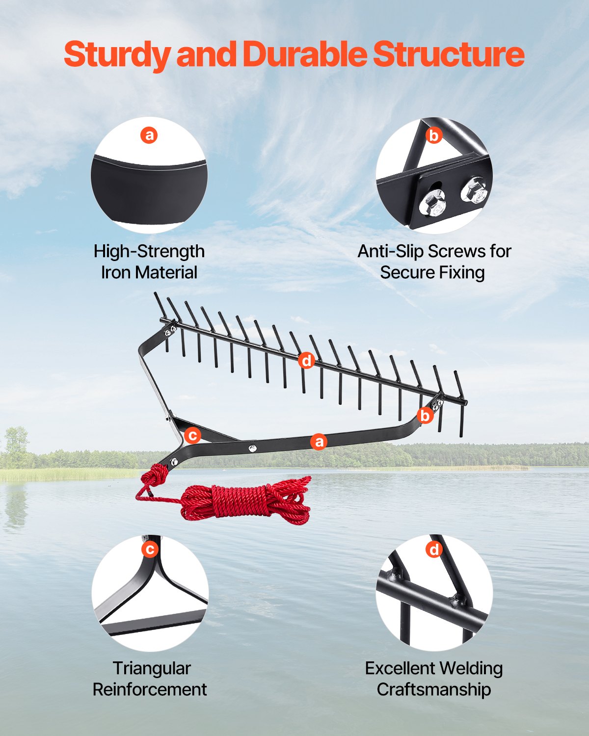 32 in Aquatic Weed Rake, 6.3 in Double Sided Lake Weed Rake, Lightweight Pond Weeds Cutter with 30ft Rope, No Assembly Required, Muck Lilypad Clearing Tool for Pond, Lake, Rivulet