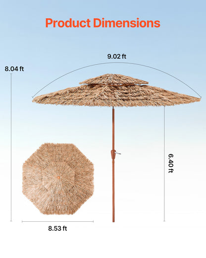 Tiki Umbrella, 9 ft Thatched Patio Umbrella with Tilt, 2-Tier Hawaiian Style Beach Parasol with PP Thatch and 8 Metal Ribs, Grass Pool Umbrellas for Beach, Patio, Poolside, Backyard & Garden