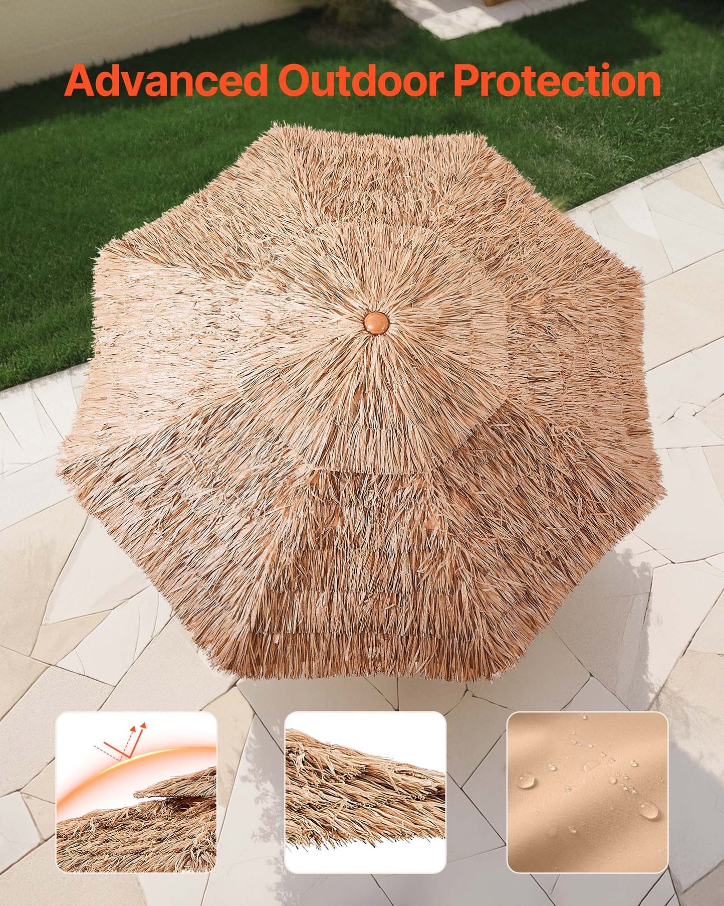 Tiki Umbrella, 9 ft Thatched Patio Umbrella with Tilt, 2-Tier Hawaiian Style Beach Parasol with PP Thatch and 8 Metal Ribs, Grass Pool Umbrellas for Beach, Patio, Poolside, Backyard & Garden