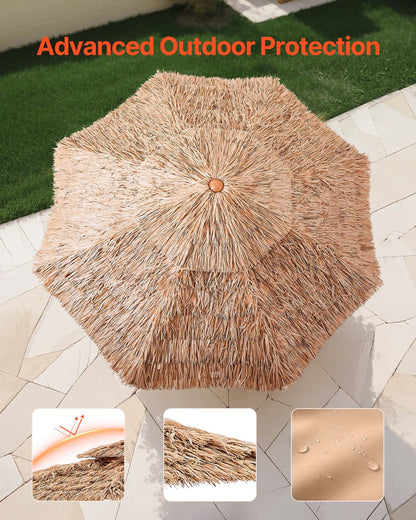 Tiki Umbrella, 9 ft Thatched Patio Umbrella with Tilt, 2-Tier Hawaiian Style Beach Parasol with PP Thatch and 8 Metal Ribs, Grass Pool Umbrellas for Beach, Patio, Poolside, Backyard & Garden