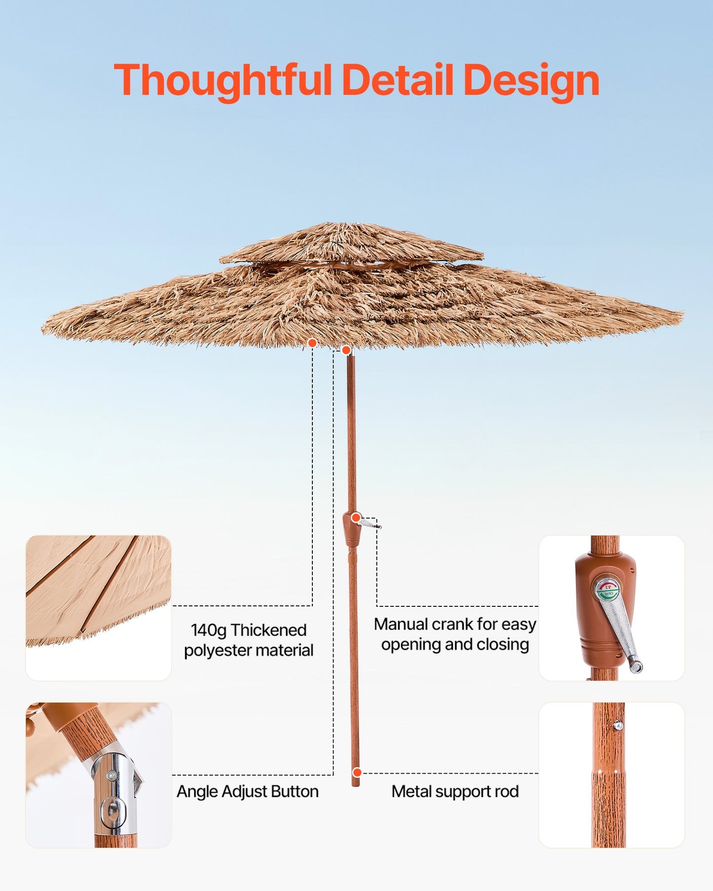 Tiki Umbrella, 9 ft Thatched Patio Umbrella with Tilt, 2-Tier Hawaiian Style Beach Parasol with PP Thatch and 8 Metal Ribs, Grass Pool Umbrellas for Beach, Patio, Poolside, Backyard & Garden