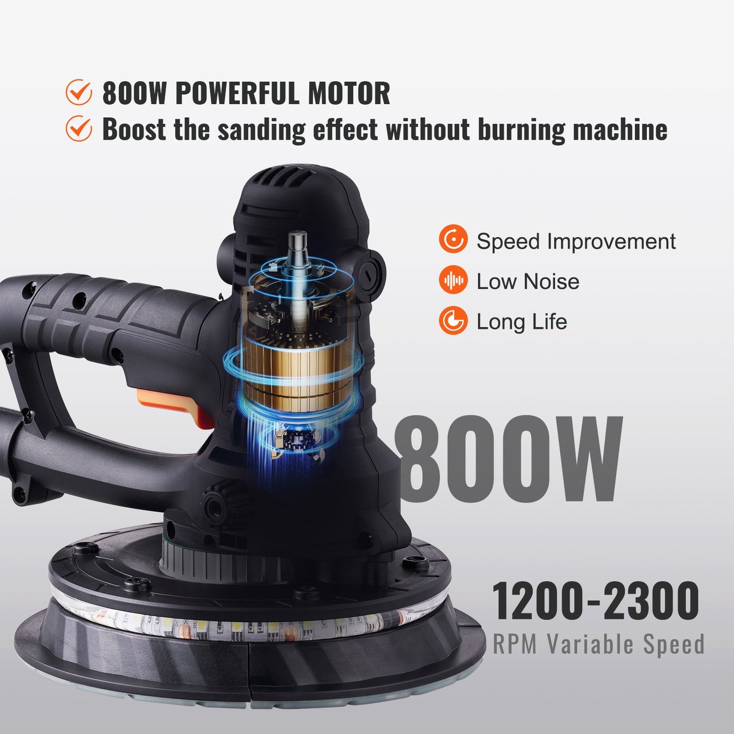 Drywall Sander 800W Brush Motor 1200-2300RPM Variable Speed & Auto Vacuum