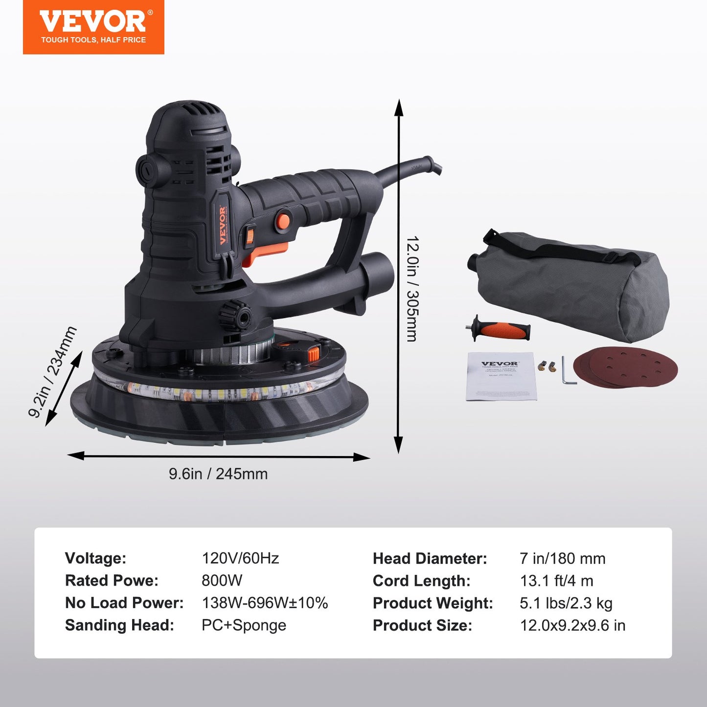 Drywall Sander 800W Brush Motor 1200-2300RPM Variable Speed & Auto Vacuum