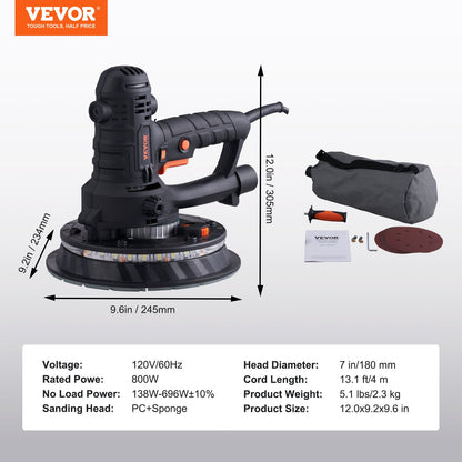 Drywall Sander 800W Brush Motor 1200-2300RPM Variable Speed & Auto Vacuum
