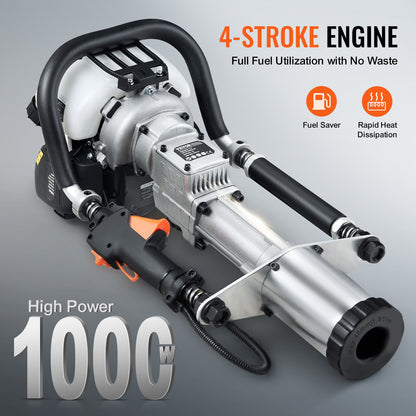 37.77cc Gas-Powered T Post Driver, 4-Stroke Engine Gasoline Fence Piling Pounder, with 3 Post Driving Head(45/55/88 mm) , 1000W Portable Piledriver For Farm, Ranch Fencing, Road Improvements