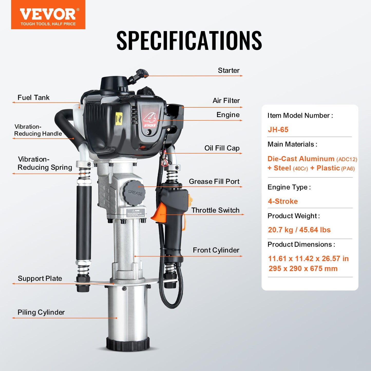 37.77cc Gas-Powered T Post Driver, 4-Stroke Engine Gasoline Fence Piling Pounder, with 3 Post Driving Head(45/55/88 mm) , 1000W Portable Piledriver For Farm, Ranch Fencing, Road Improvements