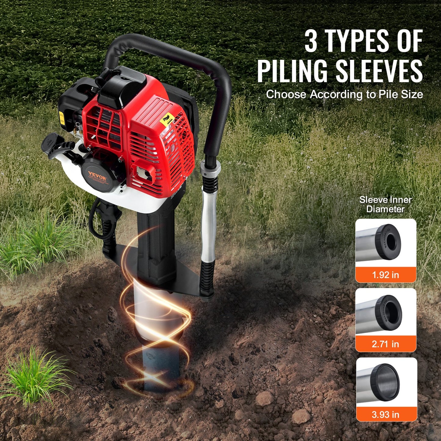 52cc Gas-Powered T Post Driver, 2-Stroke Engine Gasoline Fence Piling Pounder, 1300W Portable Piledriver with 3 Post Driving Head(49/69/100 mm) , For Farm, Ranch Fencing, Road Improvements