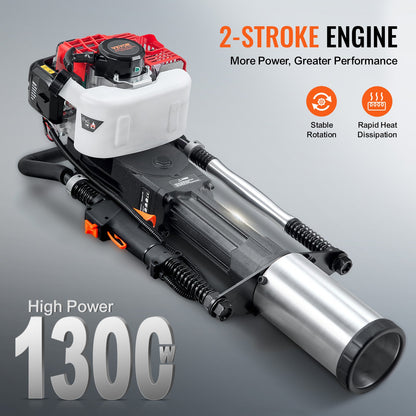 52cc Gas-Powered T Post Driver, 2-Stroke Engine Gasoline Fence Piling Pounder, 1300W Portable Piledriver with 3 Post Driving Head(49/69/100 mm) , For Farm, Ranch Fencing, Road Improvements
