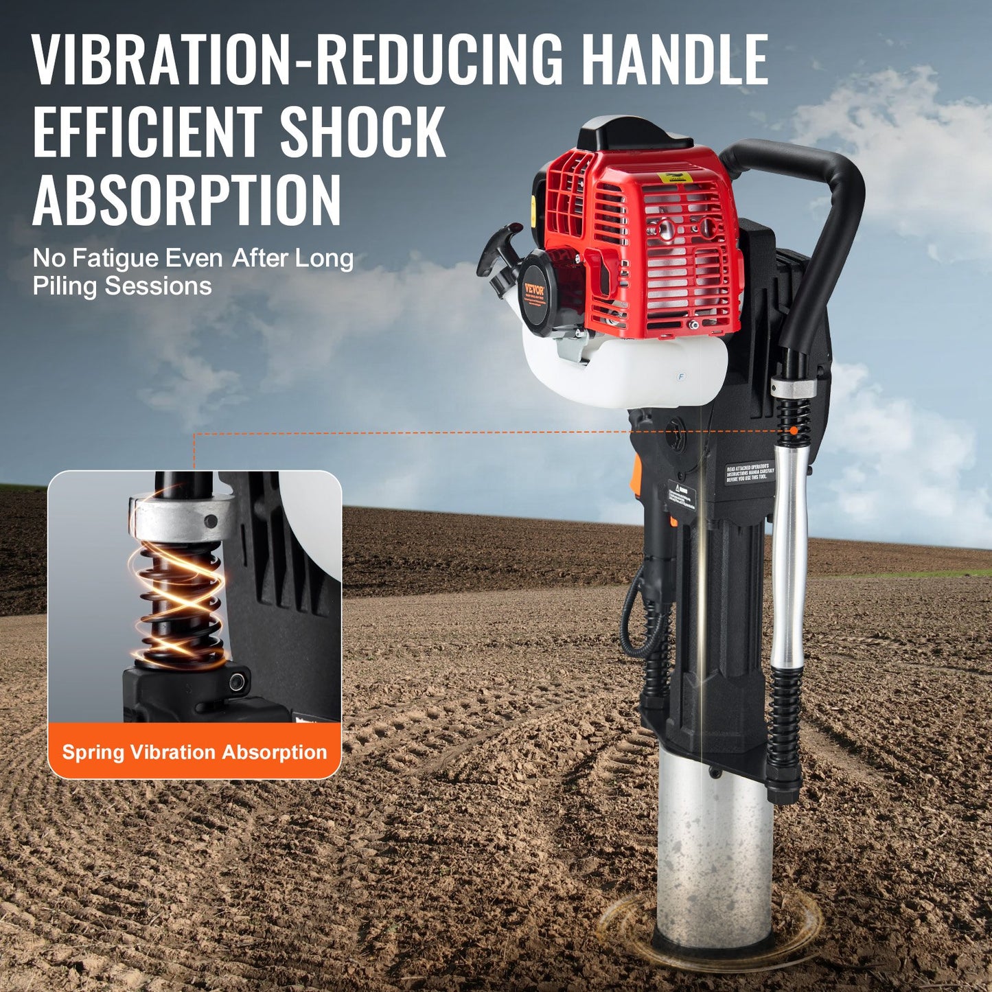 52cc Gas-Powered T Post Driver, 2-Stroke Engine Gasoline Fence Piling Pounder, 1300W Portable Piledriver with 3 Post Driving Head(49/69/100 mm) , For Farm, Ranch Fencing, Road Improvements