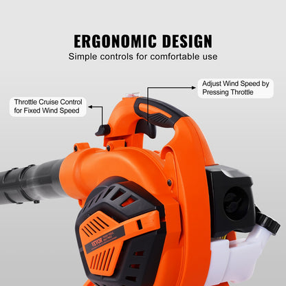 Leaf Blower, 26CC 2-Cycle Handheld Leaf Blower with A Fuel Tank, 2-in-1 Blower 425CFM Air Volume 156MPH Speed, Ideal for Lawn Care, Leaf Cleaning, and Snow Removal