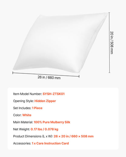 Silk Pillowcase, 100% Pure Mulberry Silk Pillow Case, 26 in x 20 in Standard Silky Pillow Case for Hair and Skin, Smooth, Soft and Breathable Pillowcase with Hidden Zipper, for Sleeping (White)