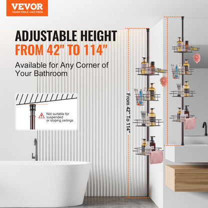 Shower Corner Caddy Tension Pole, 42" to 114" High, Multi-Functional Shower Tension Pole with Strong Load-Bearing Tray, Rust-Proof Easy-to-Install Tension Pole, Fit for Bathroom & Washroom