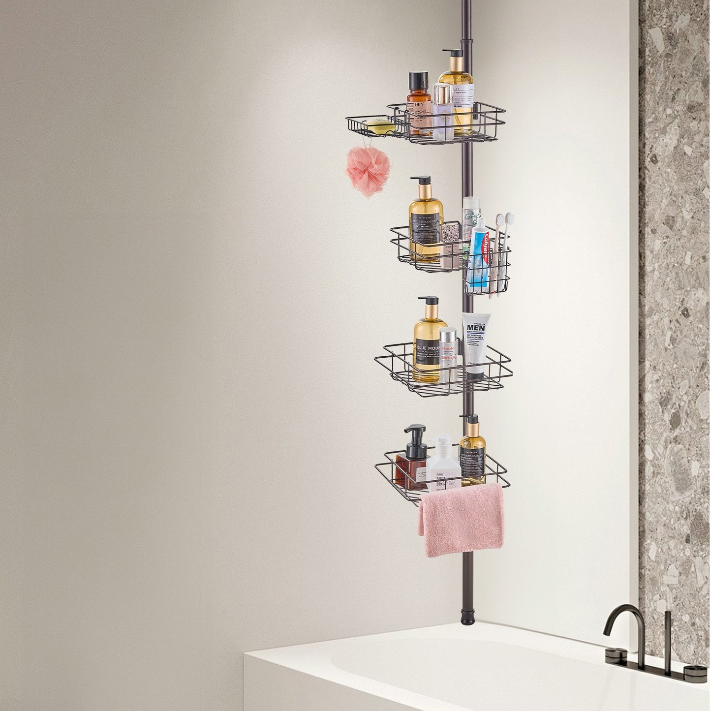 Shower Corner Caddy Tension Pole, 42" to 114" High, Multi-Functional Shower Tension Pole with Strong Load-Bearing Tray, Rust-Proof Easy-to-Install Tension Pole, Fit for Bathroom & Washroom