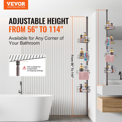 Shower Corner Caddy Tension Pole, 56" to 114" High, Multi-Functional Shower Tension Pole with Strong Load-Bearing Tray, Rust-Proof Easy-to-Install Tension Pole, Fit for Bathroom & Washroom