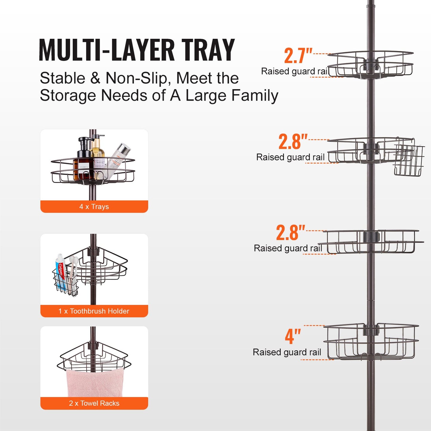 Shower Corner Caddy Tension Pole, 56" to 114" High, Multi-Functional Shower Tension Pole with Strong Load-Bearing Tray, Rust-Proof Easy-to-Install Tension Pole, Fit for Bathroom & Washroom