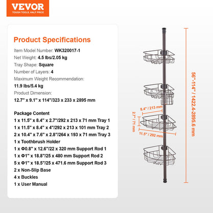 Shower Corner Caddy Tension Pole, 56" to 114" High, Multi-Functional Shower Tension Pole with Strong Load-Bearing Tray, Rust-Proof Easy-to-Install Tension Pole, Fit for Bathroom & Washroom
