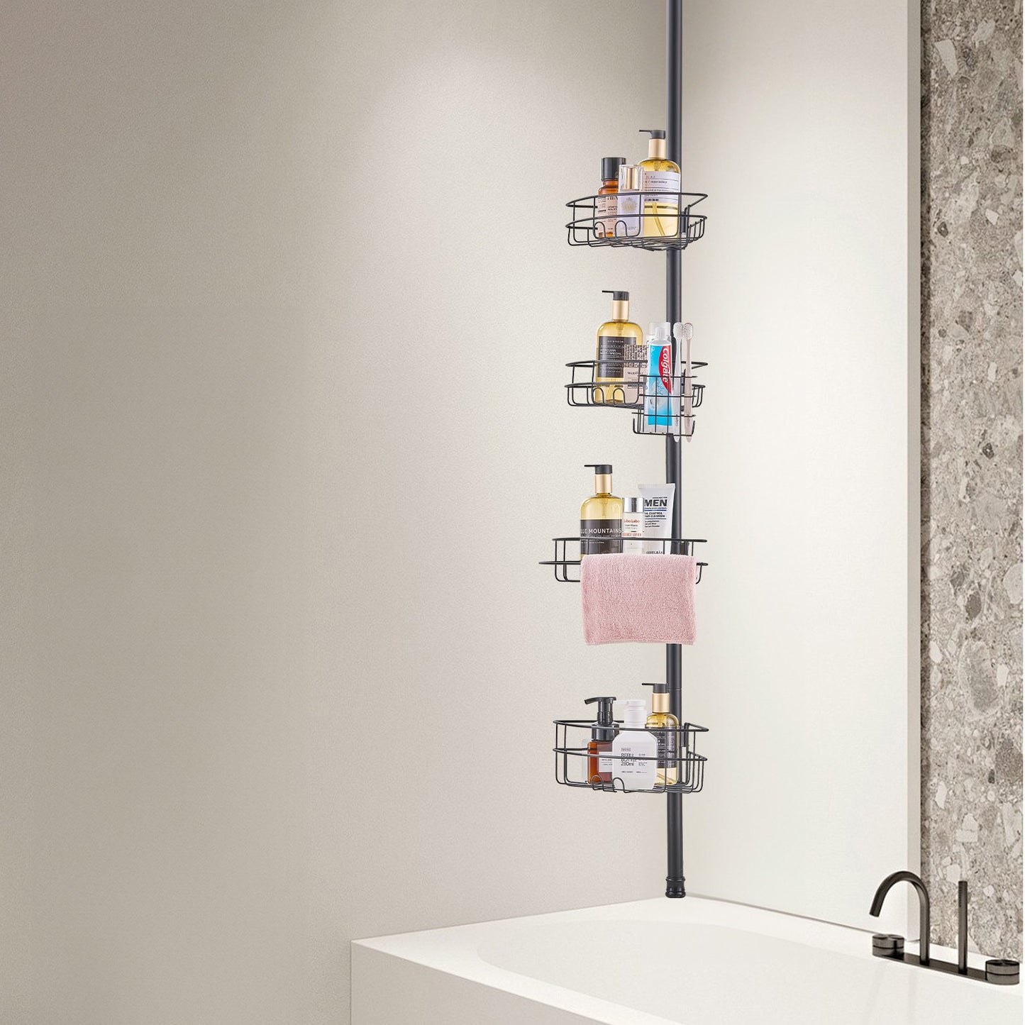 Shower Corner Caddy Tension Pole, 56" to 114" High, Multi-Functional Shower Tension Pole with Strong Load-Bearing Tray, Rust-Proof Easy-to-Install Tension Pole, Fit for Bathroom & Washroom