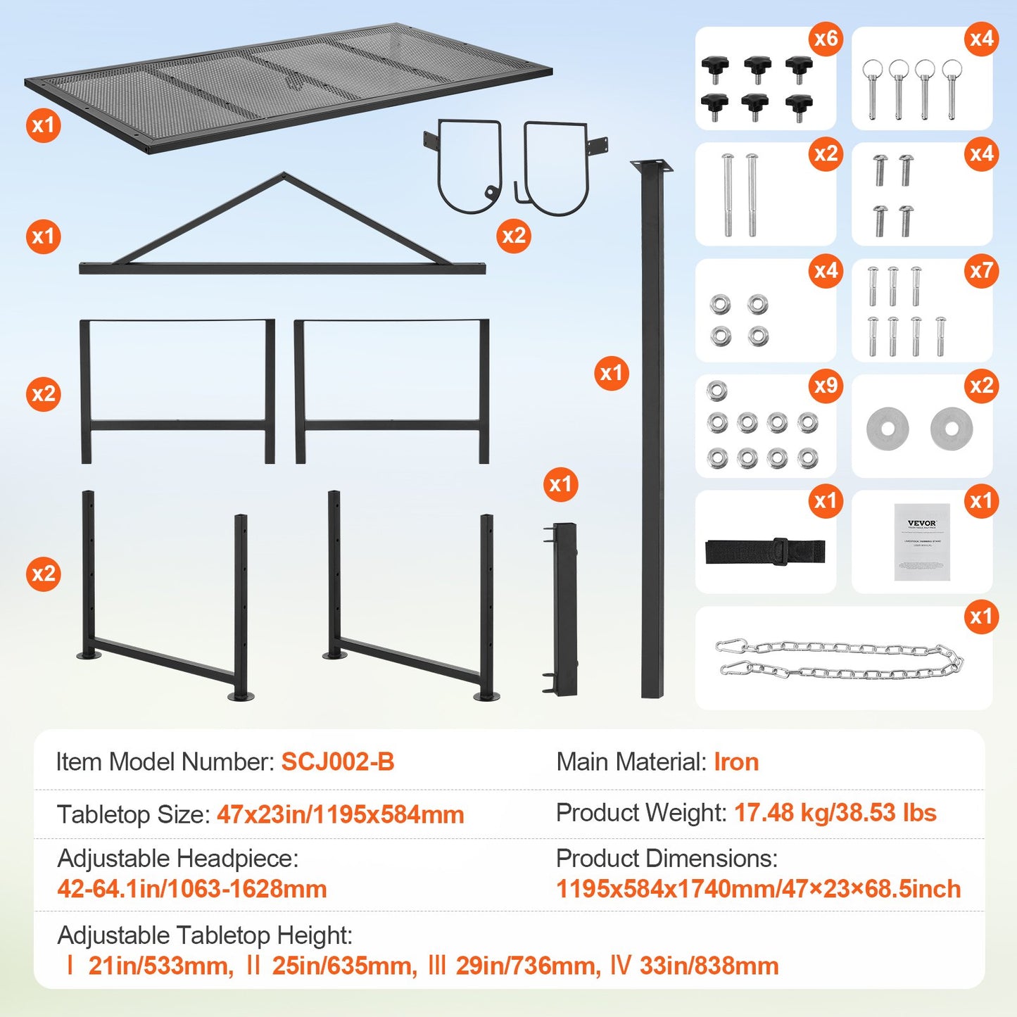 Goat & Sheep Stand, 47x23 inch Livestock Stand, Metal Livestock Milking and Shearing Stand 21" to 33" Adjustable Height, with Headpiece and Nose Loop, 500lbs Loading Weight, Black