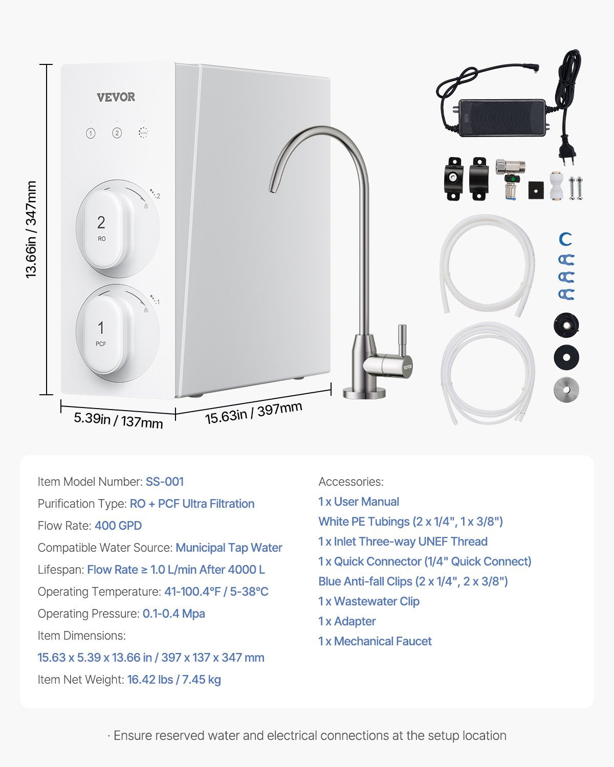 Reverse Osmosis System 400 GPD 8-Stage Tankless Water Filter Under Sink