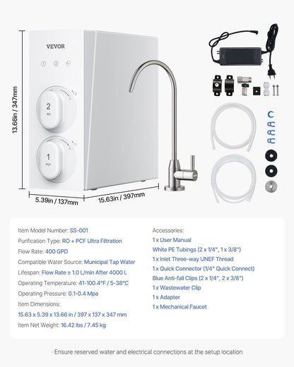 Reverse Osmosis System 400 GPD 8-Stage Tankless Water Filter Under Sink