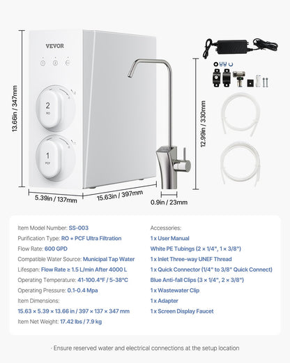 Reverse Osmosis System 600 GPD 8-Stage Tankless Water Filter Under Sink