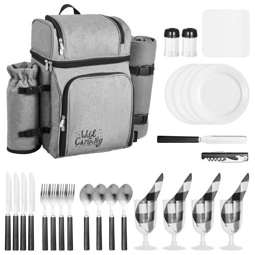 Picnic Backpack, Beach Picnic Backpack Bag for 4 Person with Insulated Cooler Compartment, Detachable Bottle/Wine Holder, Lightweight Blanket, Plates and Cutlery Set for Hiking & Camping, Grey