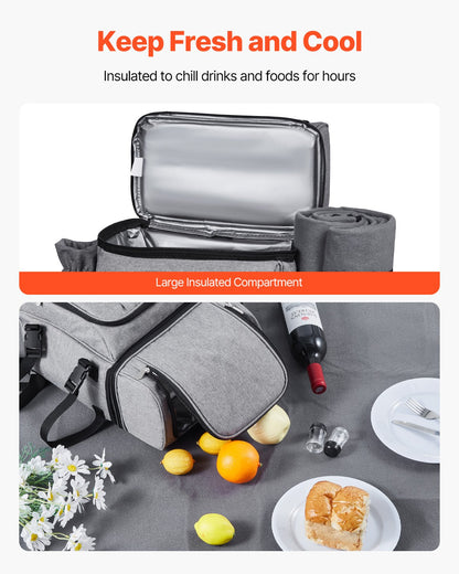 Picnic Backpack, Beach Picnic Backpack Bag for 4 Person with Insulated Cooler Compartment, Detachable Bottle/Wine Holder, Lightweight Blanket, Plates and Cutlery Set for Hiking & Camping, Grey