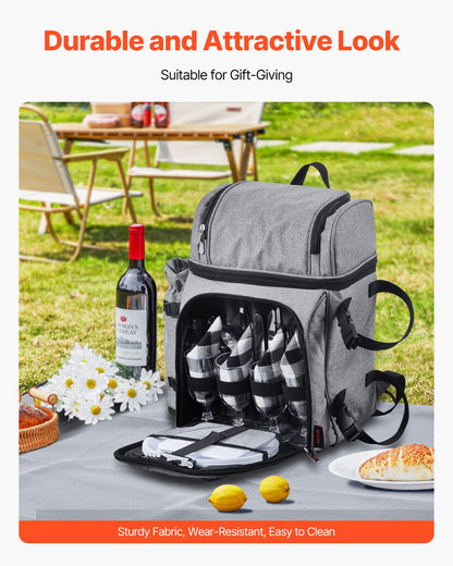 Picnic Backpack, Beach Picnic Backpack Bag for 4 Person with Insulated Cooler Compartment, Detachable Bottle/Wine Holder, Lightweight Blanket, Plates and Cutlery Set for Hiking & Camping, Grey
