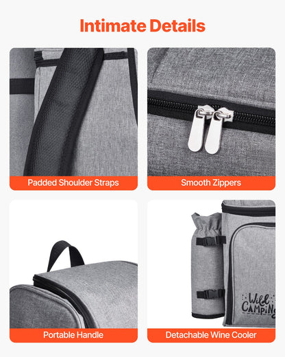 Picnic Backpack, Beach Picnic Backpack Bag for 4 Person with Insulated Cooler Compartment, Detachable Bottle/Wine Holder, Lightweight Blanket, Plates and Cutlery Set for Hiking & Camping, Grey