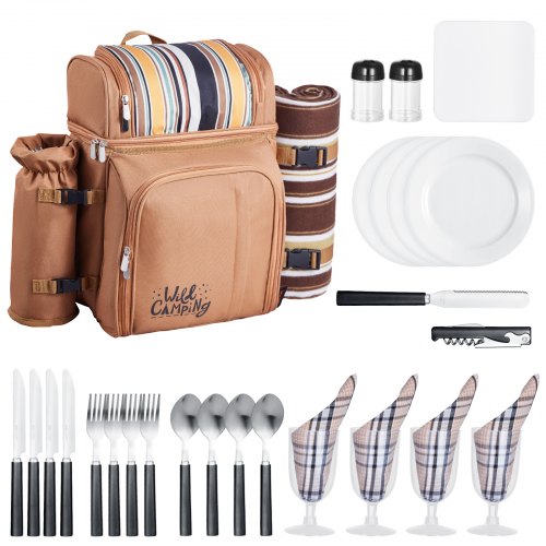 Picnic Backpack, Beach Picnic Backpack Bag for 4 Person with Insulated Cooler Compartment, Detachable Bottle/Wine Holder, Lightweight Blanket, Plates and Cutlery Set for Hiking & Camping, Brown
