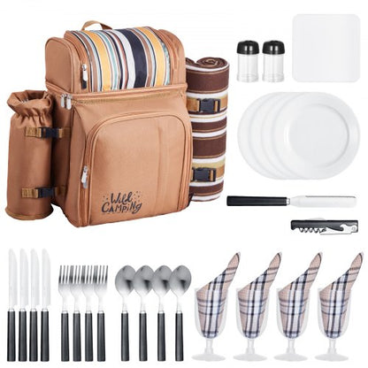 Picnic Backpack, Beach Picnic Backpack Bag for 4 Person with Insulated Cooler Compartment, Detachable Bottle/Wine Holder, Lightweight Blanket, Plates and Cutlery Set for Hiking & Camping, Brown