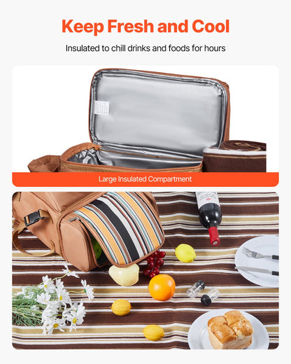 Picnic Backpack, Beach Picnic Backpack Bag for 4 Person with Insulated Cooler Compartment, Detachable Bottle/Wine Holder, Lightweight Blanket, Plates and Cutlery Set for Hiking & Camping, Brown