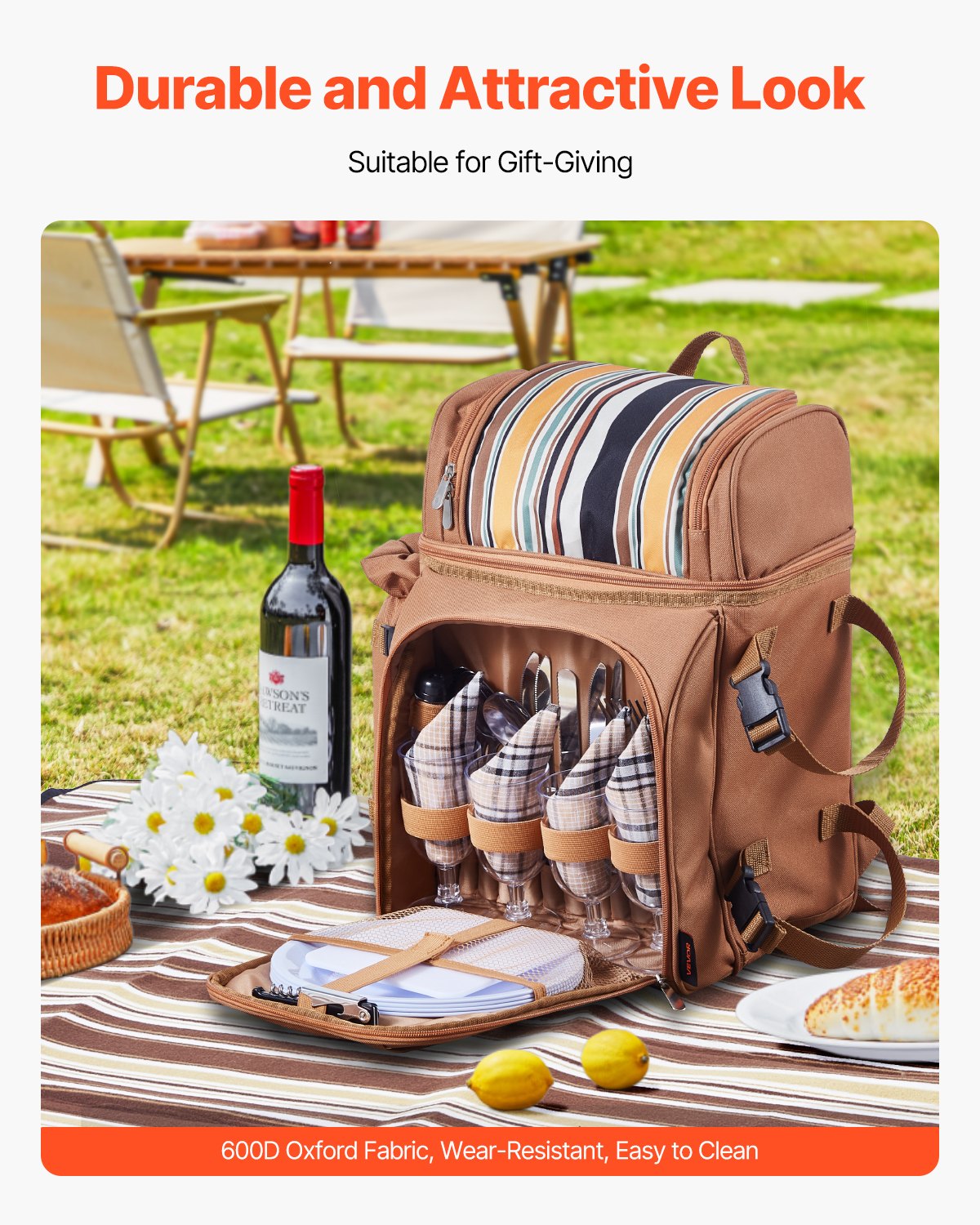 Picnic Backpack, Beach Picnic Backpack Bag for 4 Person with Insulated Cooler Compartment, Detachable Bottle/Wine Holder, Lightweight Blanket, Plates and Cutlery Set for Hiking & Camping, Brown