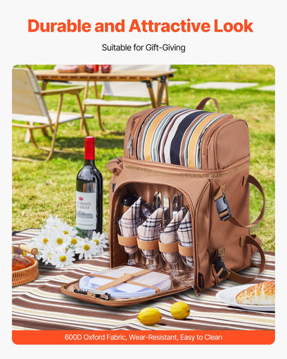 Picnic Backpack, Beach Picnic Backpack Bag for 4 Person with Insulated Cooler Compartment, Detachable Bottle/Wine Holder, Lightweight Blanket, Plates and Cutlery Set for Hiking & Camping, Brown