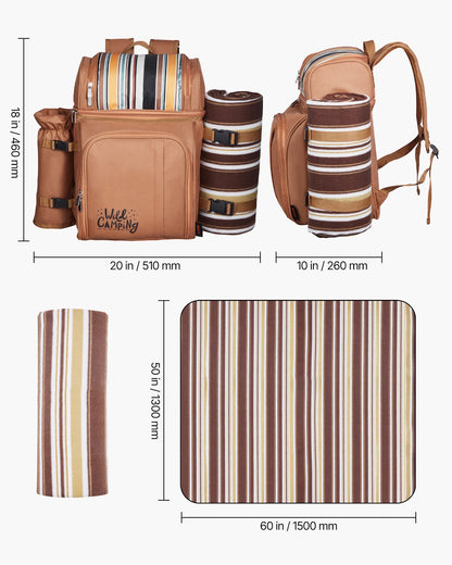 Picnic Backpack, Beach Picnic Backpack Bag for 4 Person with Insulated Cooler Compartment, Detachable Bottle/Wine Holder, Lightweight Blanket, Plates and Cutlery Set for Hiking & Camping, Brown